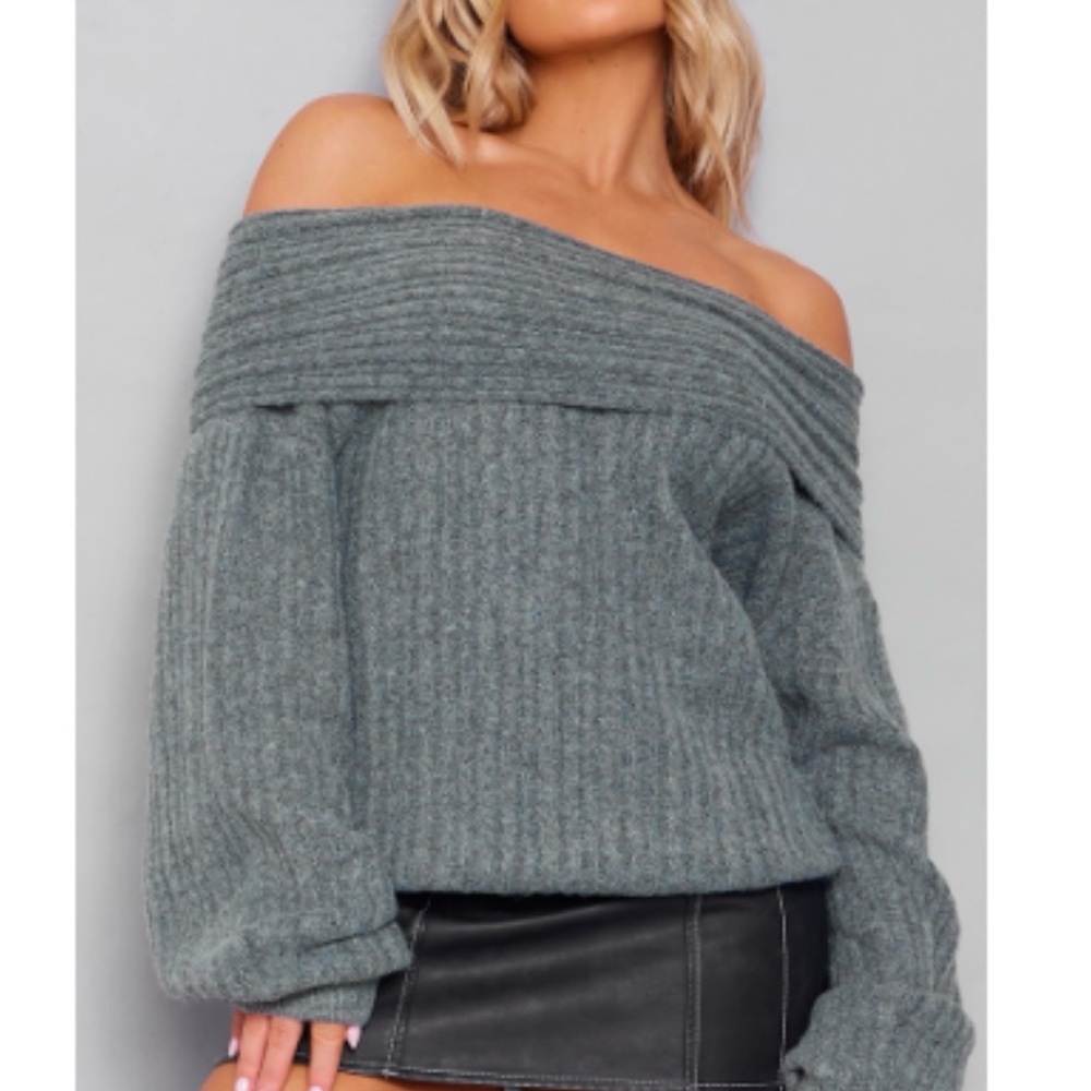 PrettyLittleThing Ribbed Off-Shoulder Sweater in Gray